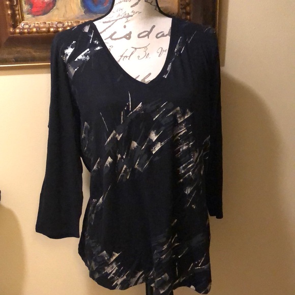 Elie Tahari metallic painted front, long sleeve v-neck cotton top - Picture 1 of 10